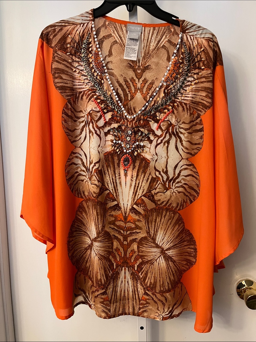 Chico's Orange and Brown Embellished V-Neck Tunic